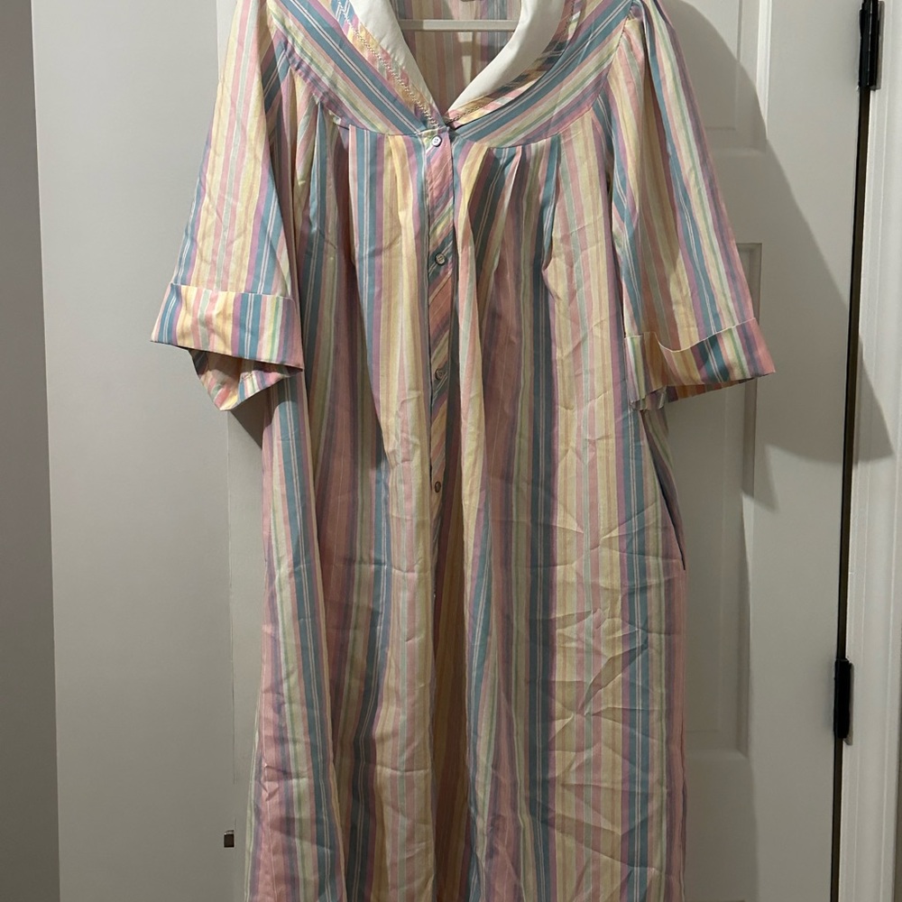 Vintage 70s Sears Model’s Coat XL Pastel Stripe Housecoat Muumuu Duster - Picture 7 of 7